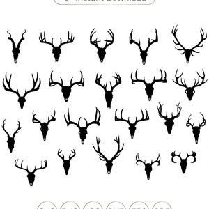 Könnte beinhalten: Ein Set mit 20 Schwarzweiß-Silhouettenbildern von Hirschgeweihen. Die Geweihe sind in verschiedenen Formen und Größen. Die Bilder sind perfekt zum Basteln, Scrapbooking oder für digitales Design.