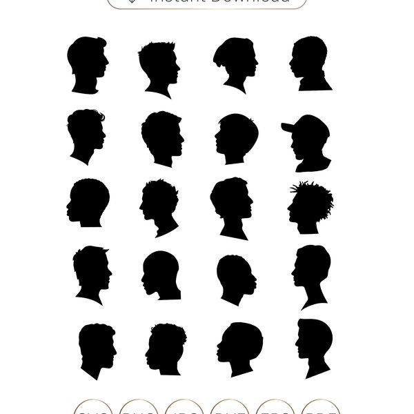 Head profile silhouette SVG,Men's head profiles SVG, Cameo Silhouettes Clipart,Men's head silhouette,Men head clipart,African American SVG