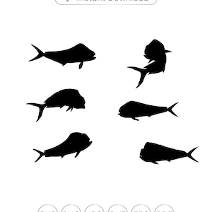 May include: Six black silhouette images of a mahi-mahi fish in different poses. The fish are facing different directions and are in various positions, including swimming, jumping, and resting. The images are suitable for use in crafts, scrapbooking, or digital design.