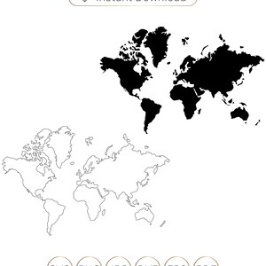 May include: A black and white world map illustration. The top map is filled in black, while the bottom map is an outline. The text "Instant Download" is above the maps. Below the maps are six circles with the text "SVG", "PNG", "JPG", "DXF", "EPS", and "PDF" inside each circle.