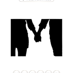 May include: Black silhouette of a couple holding hands, forming the letter "M".