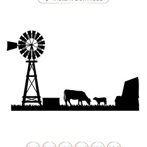 May include: Black and white silhouette of a farm scene. A windmill stands tall on the left, with a cow and calf grazing in the center. The text "Instant Download" is above the image.