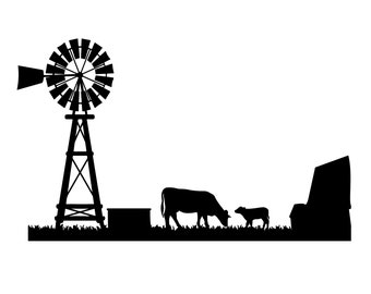 May include: Black and white silhouette of a farm scene. A windmill stands tall on the left, with a cow and calf grazing in the center. The text "Instant Download" is above the image.