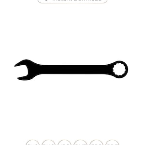 May include: Black wrench with a closed end and an open end. The wrench is a common tool used for tightening and loosening nuts and bolts.
