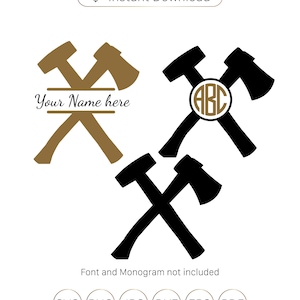 May include: Digital design featuring crossed axes in brown and black. One design includes the text "Your Name here", another has the letters "ABC" in a circle. File formats include SVG, PNG, JPG, DXF, EPS, and PDF.