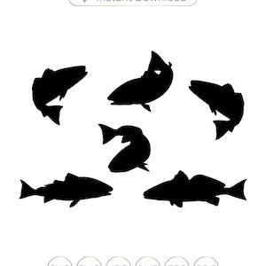 May include: Six black silhouette images of redfish in various poses. The fish are facing different directions and are in different positions, such as swimming, jumping, and resting. The images are set against a white background.