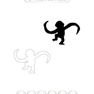 May include: Black and white silhouette of a monkey with its arms raised. The monkey is in a playful pose. The image is available for instant download in SVG, PNG, JPG, DXF, EPS, and PDF formats.