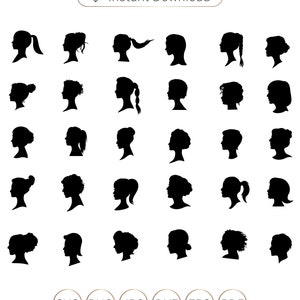 May include: A set of 36 black and white silhouette images of women's faces with different hairstyles. The images are arranged in a grid of six rows and six columns. The text "Instant Download" is at the top of the image. The text "SVG PNG JPG DXF EPS PDF" is at the bottom of the image.
