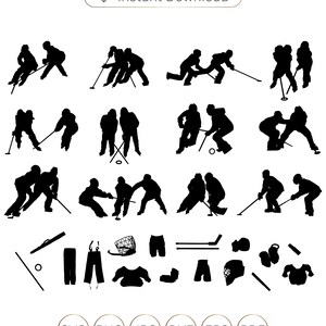Könnte beinhalten: Ein Satz von 16 Schwarzweiß-Silhouettenillustrationen von Personen, die Hockey spielen. Die Illustrationen zeigen verschiedene Posen und Aktionen, wie z. B. Schlittschuhlaufen, Passen, Schießen und Checken. Der Satz enthält auch verschiedene Hockeyausrüstung, wie z. B. Schläger, Pucks und Tore.