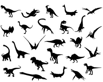 Puede incluir: Un conjunto de 20 archivos de corte SVG de silueta de dinosaurio negro. Los dinosaurios están en varias poses e incluyen un pterodáctilo, un estegosaurio, un triceratops y más.