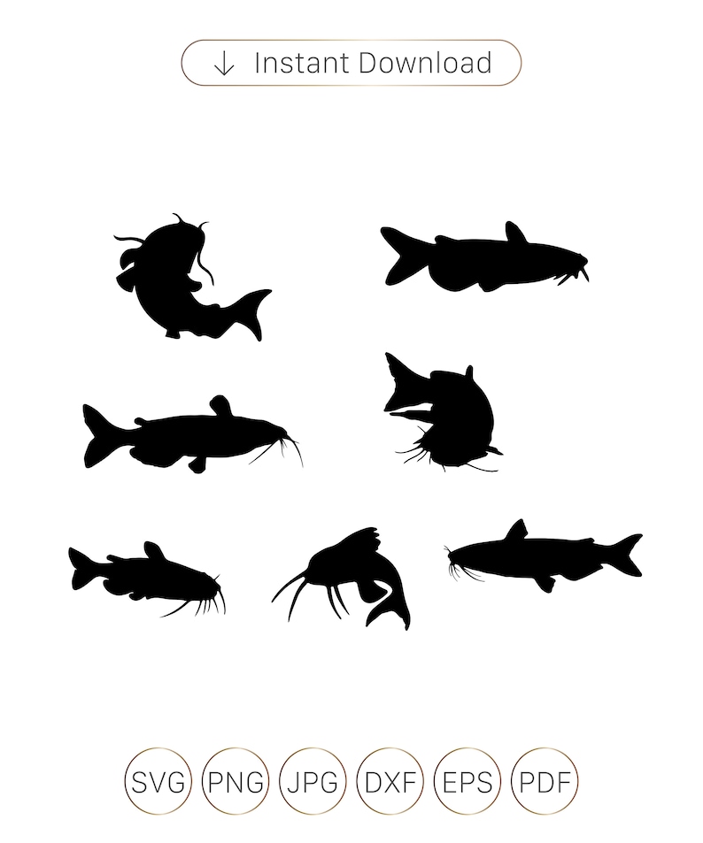 May include: A collection of black catfish silhouettes in various poses. The image includes the text "Instant Download" and file type icons for SVG, PNG, JPG, DXF, EPS, and PDF formats. The catfish are depicted with whiskers and fins.