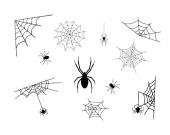 May include: A set of ten black and white spider web and spider silhouettes. The images are perfect for Halloween crafts, decorations, and party supplies.