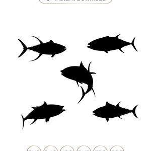 Puede incluir: Cinco imágenes en silueta negra de atunes en diferentes posiciones. Las imágenes están dispuestas en un círculo alrededor del texto "SVG PNG JPG DXF EPS PDF".