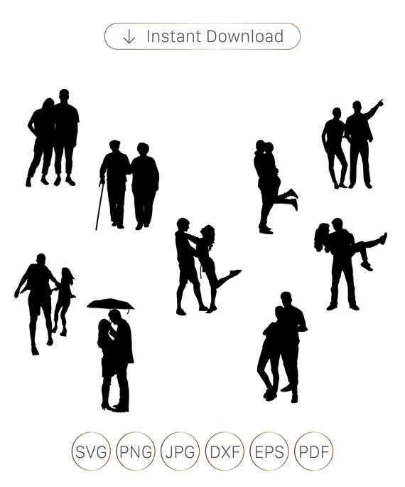 Couple Silhouette Clipart, Love, Kissing, Holding Hands (SVG, PNG, EPS)