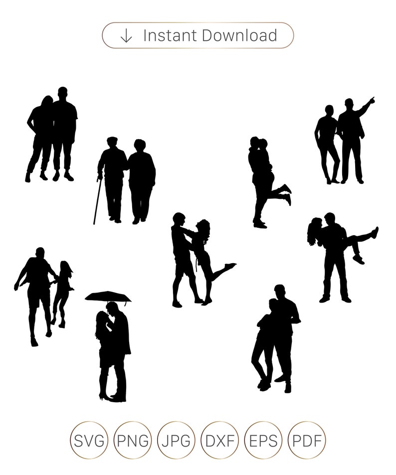 Silueta de pareja, imágenes prediseñadas, amor, beso, tomados de la mano (SVG, PNG, EPS) imagen 1