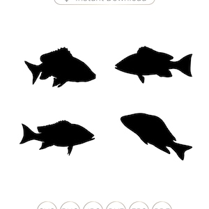 May include: Four black silhouette images of a fish. The fish are in different positions, some facing left and some facing right. The images are on a white background.