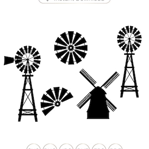 Może przedstawiać: Zestaw pięciu czarnych sylwetkowych wzorów wiatraków. Wiatraki są w różnych stylach, w tym tradycyjny wiatrak z łopatkami i wieżą oraz prosty wiatrak tylko z łopatkami. Wzory idealnie nadają się do projektów rękodzieła, scrapbookingu lub projektowania cyfrowego.