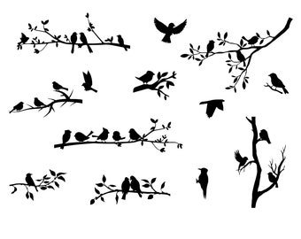 Birds on Branch Silhouette SVG, Flock of Birds Clipart (Digital Download)