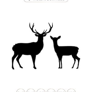 May include: Black silhouette of a buck and doe deer standing side by side. The buck has large antlers. The doe is smaller and has no antlers.