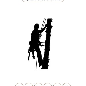 May include: Silhouette of a tree climber ascending a tree with ropes and equipment.