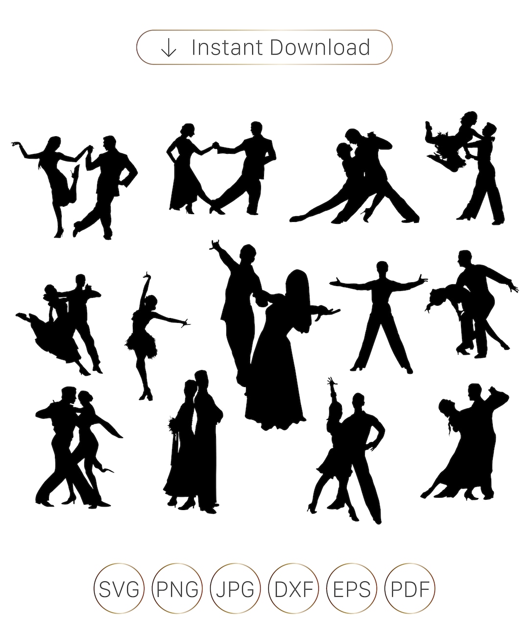 (7)社交ダンス 白黒お花 社交ダンスのシルエットSVG、カップルのダンスクリップアート