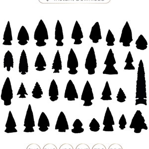May include: A set of 30 black silhouette images of arrowheads, ideal for crafting and design projects.