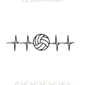 May include: Black and white line art illustration of a volleyball with a heartbeat line on either side. The image is for a digital download and includes the file types SVG, PNG, JPG, DXF, EPS, and PDF.