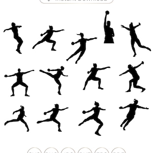 Może przedstawiać: Zestaw 12 sylwetkowych obrazów sportowców rzucających kulą. Obrazy przedstawiają różne etapy rzutu, od początku do końca.