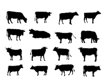May include: A set of 16 black cow silhouettes in various poses, including standing, lying down, and grazing. The silhouettes are isolated on a white background.
