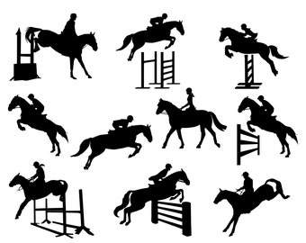 May include: Black silhouette illustrations of equestrian show jumping. The image features multiple horses and riders in various jumping poses over fences. Text at the top reads "Instant Download". Below are file type icons: SVG, PNG, JPG, DXF, EPS, and PDF.