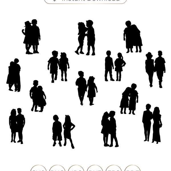 Silhouettes de couple d’enfants, silhouette de garçon et de fille, garçon et fille svg, silhouettes de couple de garçon et de fille, couple mignon svg, couple d’enfant SVG, clip art