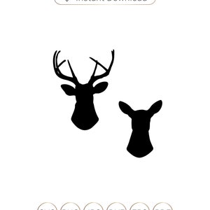 May include: Black silhouette of a buck and a doe deer head. The buck has large antlers. The doe has small ears. The image is suitable for crafting projects, scrapbooking, and digital design.