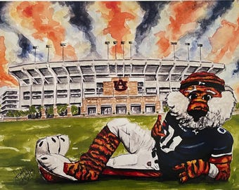 Auburn Tiger in front of Jordan Hare Stadium Wall Art color print.