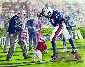 Georgia Bulldog jumping at Auburn player after a touchdown