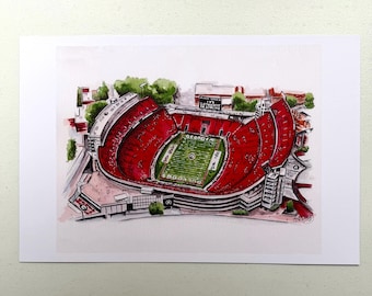 College football Stadium print watercolor painting print Red team in the south