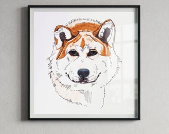 Hunde Portrait Nr. 08, Akita druckbare Kunst, Hunde Portrait Wanddekor, Grafische Linie Illustration