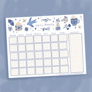 Blue Monthly Calendar | Undated, Printable Aesthetic Cute Stationery and Planner | Digital Download