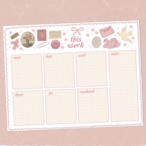 May include: A pink and white weekly planner with a grid layout. The planner has a title that says "this week" and includes decorative elements such as stars, a bow, a bird, and an envelope.