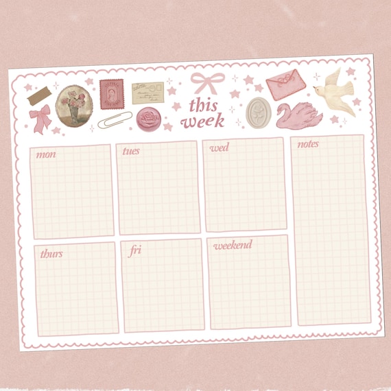 Coquette Weekly Planner | Aesthetic Stationery, Printable Calendar (Digital Download)