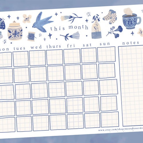 Cottagecore Monthly Calendar Undated Printable Stationery - Etsy