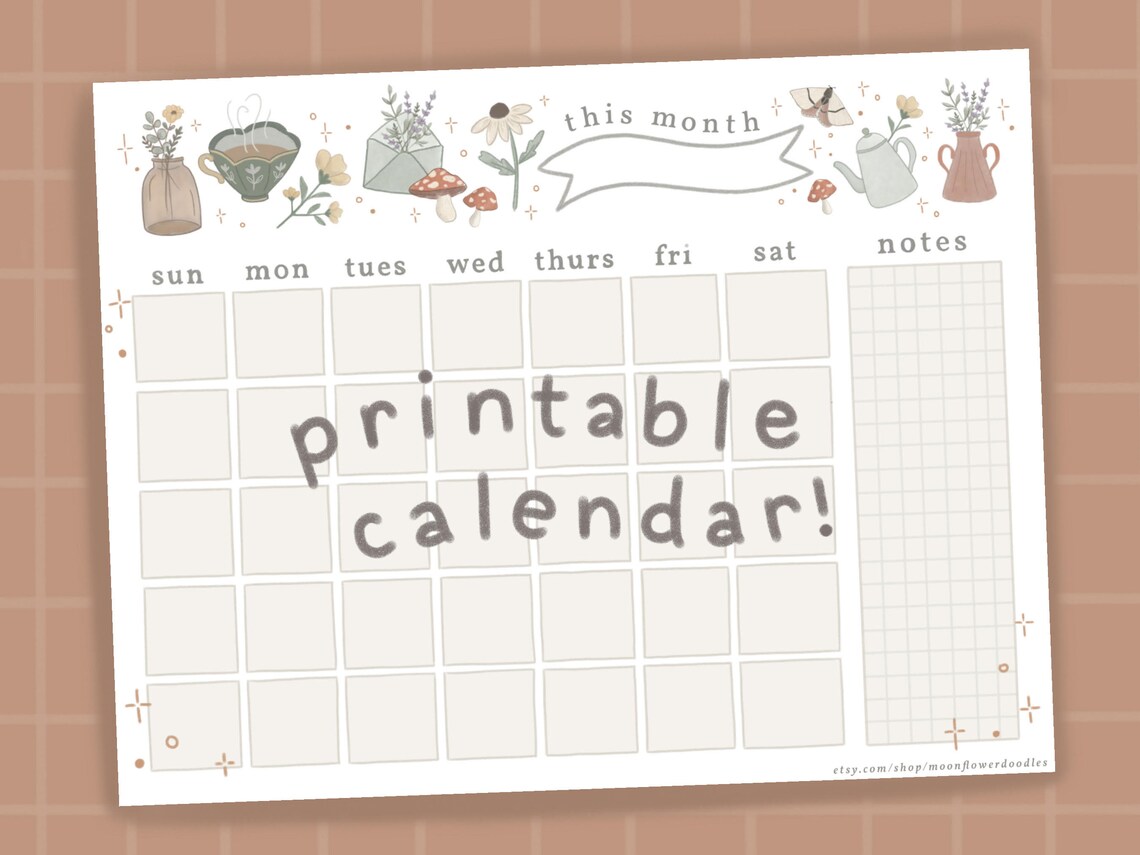 Cottagecore Monthly Calendar Undated, Printable Stationery and Planner