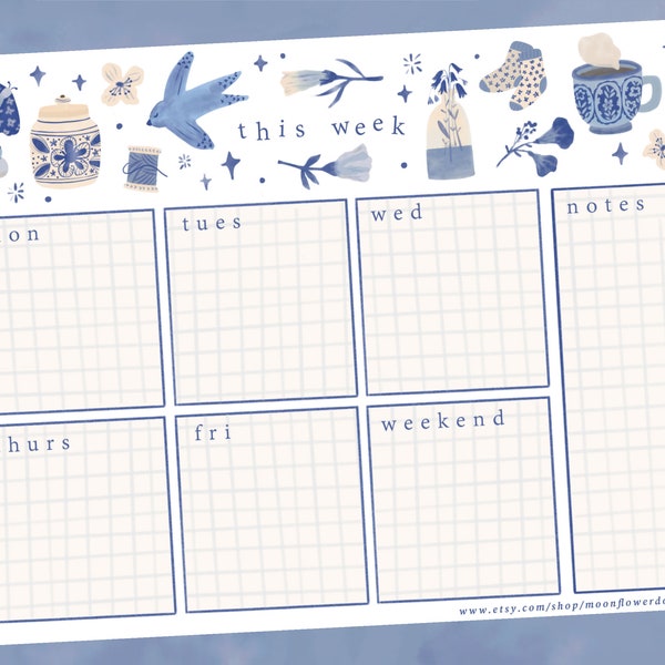 Blue Weekly Planner| Undated, Printable Aesthetic Cute Stationery and Calendar | Digital Download