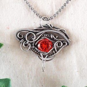 Red Cubic Zirconia eye pendant: sterling silver-filled, wire-wrapped necklace