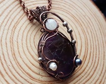Amethyst, moonstone and pearl large copper wire wrapped pendant, celestial, boho jewellery, OOAK
