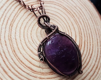 Amethyst large crystal pendant, copper wire wrapped necklace, alternative style