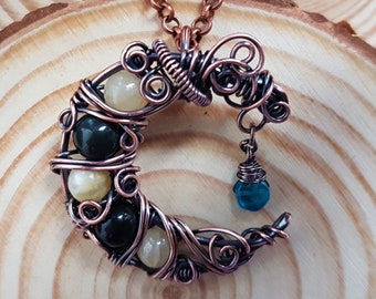 Black obsidian and yellow jade moon pendant, copper wire wrapped jewellery, alternative style