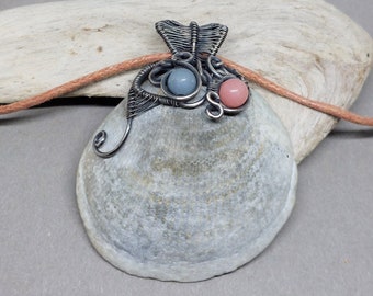 Angelite and pink opal shell pendant, silver filled copper wire wrapped necklace, mermaid jewellery