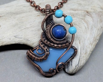 Sky blue opal pendant, Copper, lapis lazuli and turquoise resin, Abstract jewellery