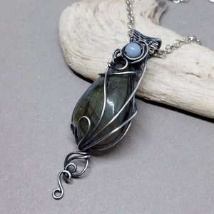 Labradorite and angelite pendant: wire wrapped, sterling silver-filled necklace