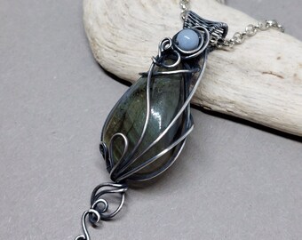 Labradorite and angelite pendant: wire wrapped, sterling silver-filled necklace